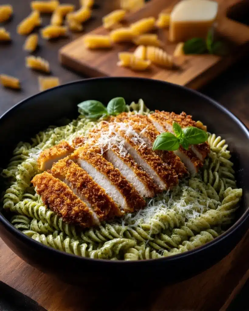 Pesto Pasta with Crispy Parmesan Chicken Recipe