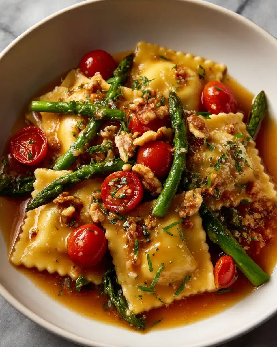 Ravioli With Tomatoes Asparagus Garlic And Herbs Recipe