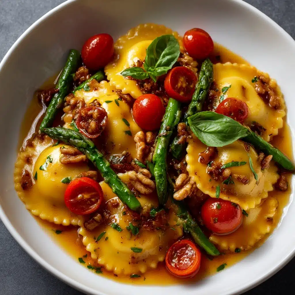 Ravioli With Tomatoes Asparagus Garlic And Herbs Recipe - Recipe Image