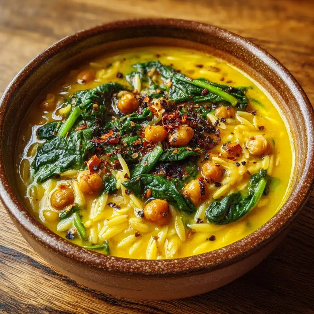 Golden Turmeric Soup with Chickpeas, Orzo, and Spinach Recipe - Recipe Image