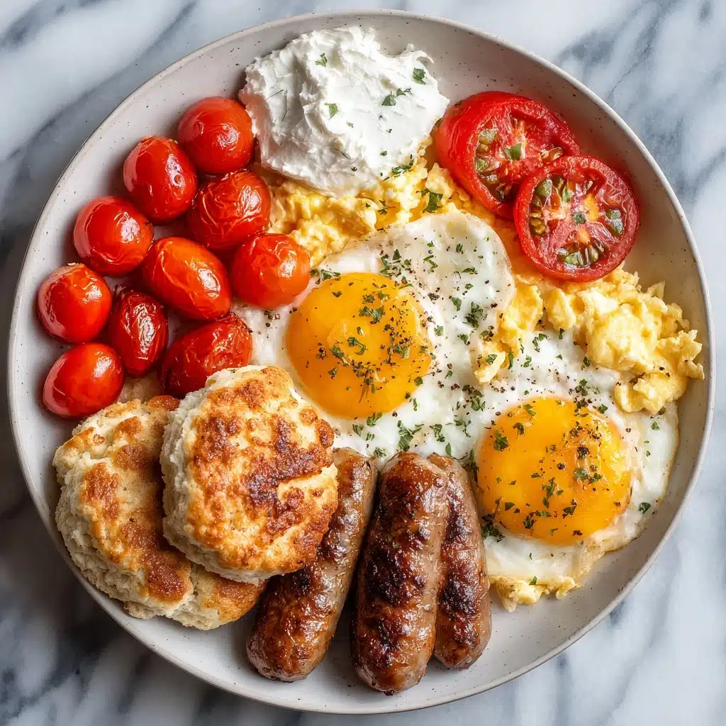 Breakfast Feast with Scrambled Eggs, Sausage Patties, Biscuits, and Tomatoes Recipe - Recipe Image