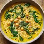 Golden Turmeric Soup with Chickpeas, Orzo, and Spinach Recipe