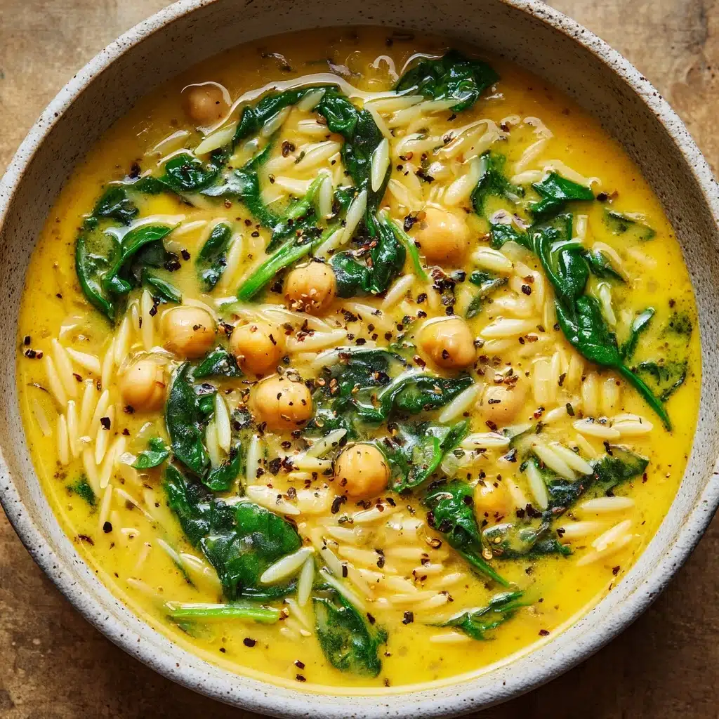 Golden Turmeric Soup with Chickpeas, Orzo, and Spinach Recipe