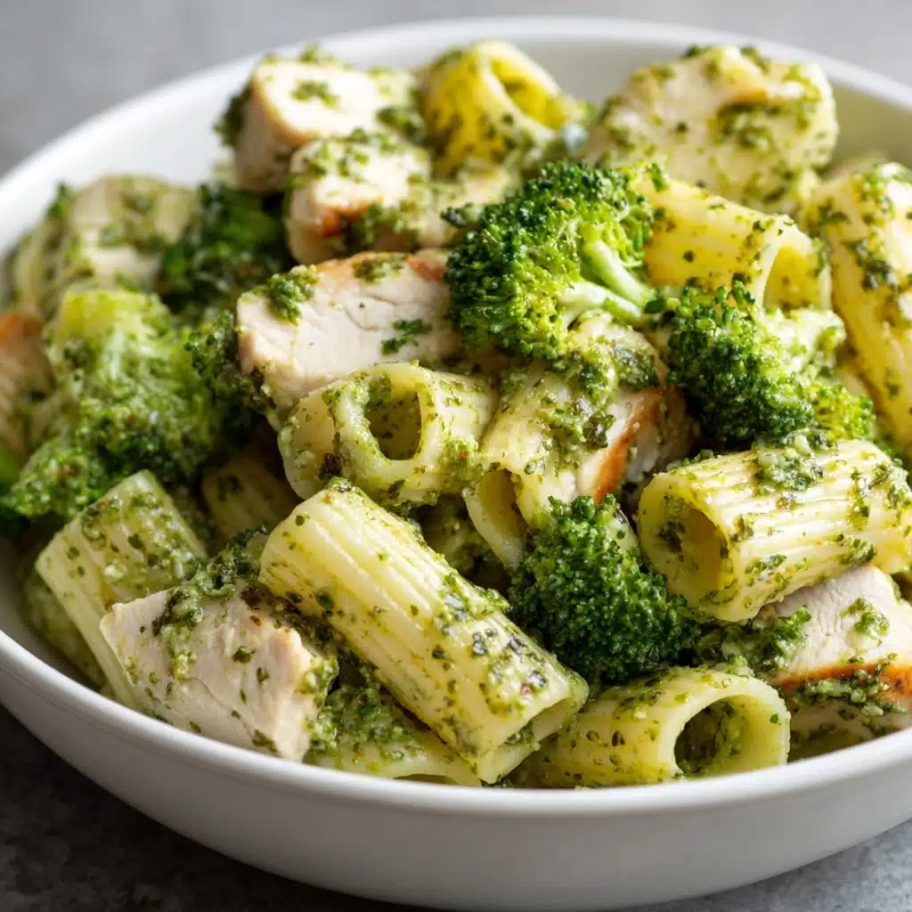 One Pan Creamy Pesto Chicken & Broccoli Pasta Recipe - Recipe Image