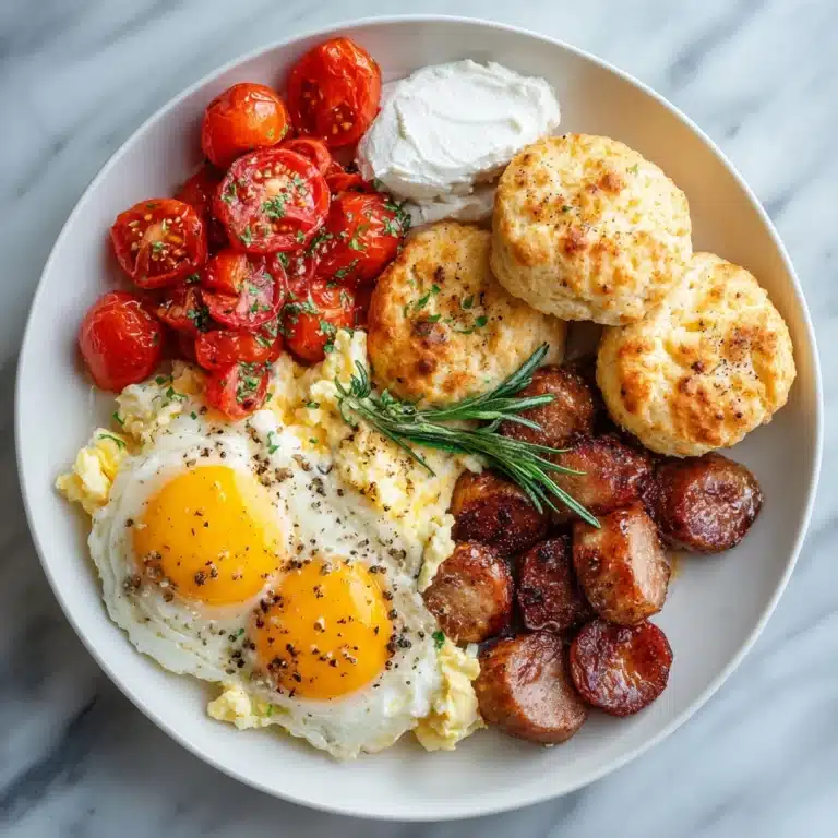 Breakfast Feast with Scrambled Eggs, Sausage Patties, Biscuits, and Tomatoes Recipe