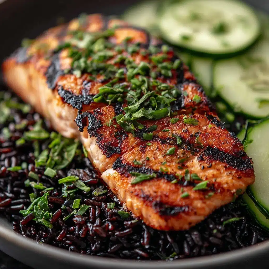 Grilled Salmon with Black Rice and Creamy Cucumber Salad Recipe - Recipe Image