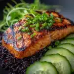 Grilled Salmon with Black Rice and Creamy Cucumber Salad Recipe
