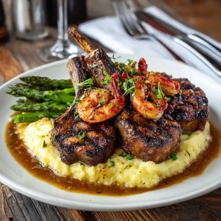 Lamb Chops Over Lobster Mashed Potatoes with Asparagus Recipe
