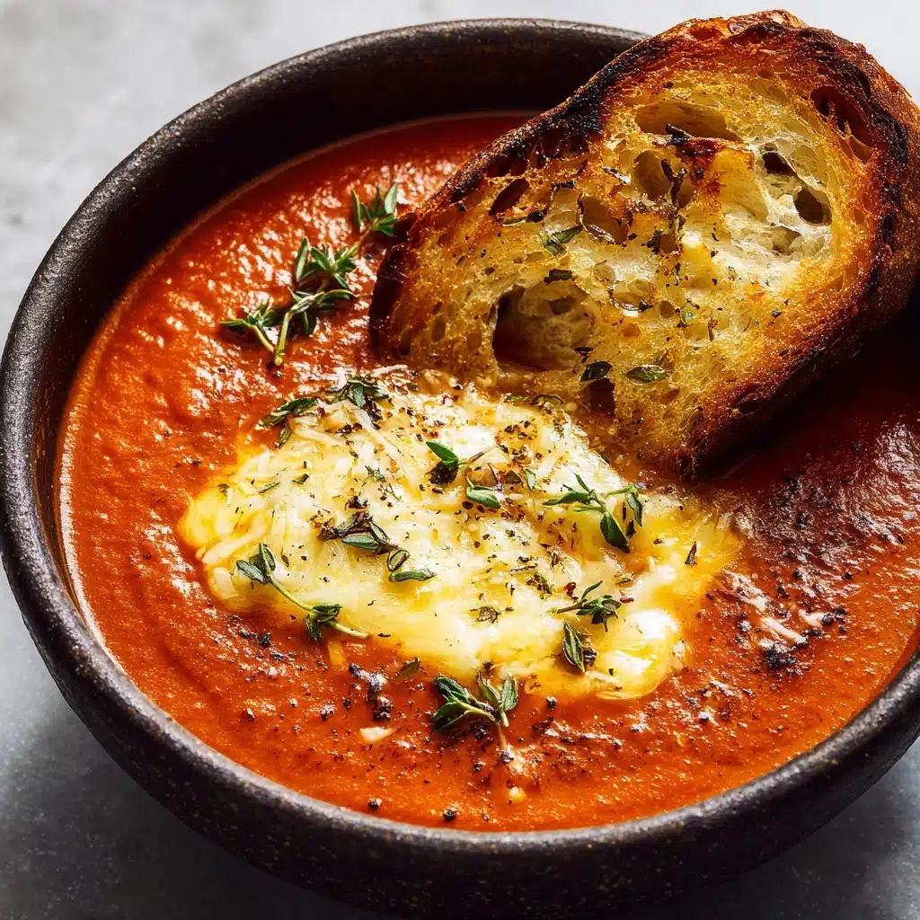 Tomato Soup with Cheese and Onion Toast Recipe - Recipe Image