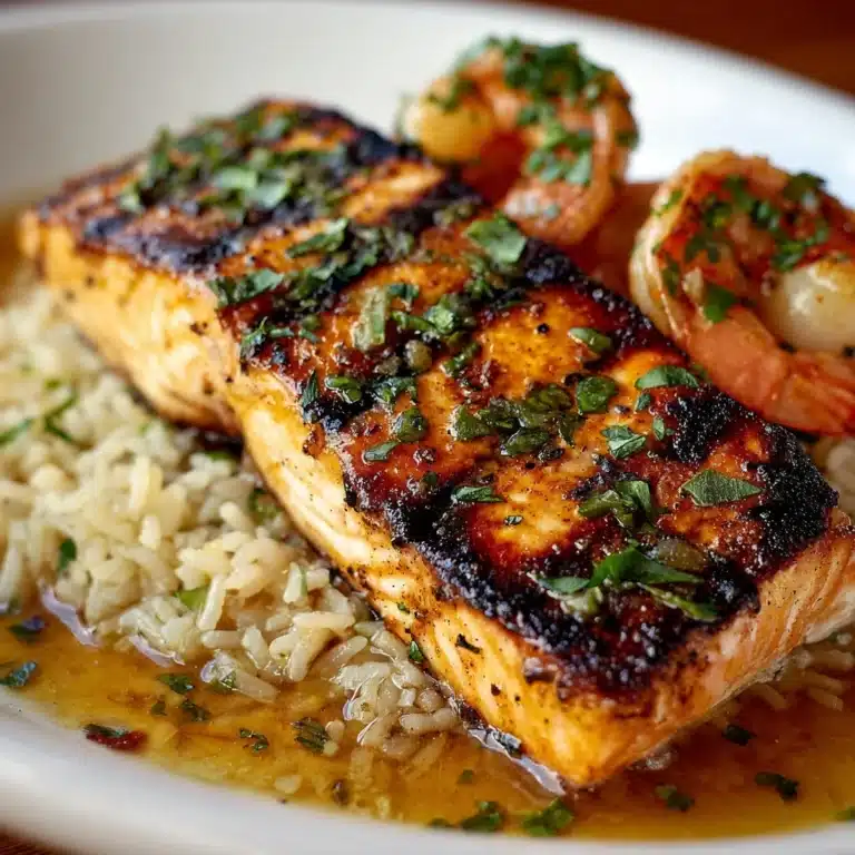 **Honey Garlic Salmon & Shrimp over Garlic Butter Rice** Recipe