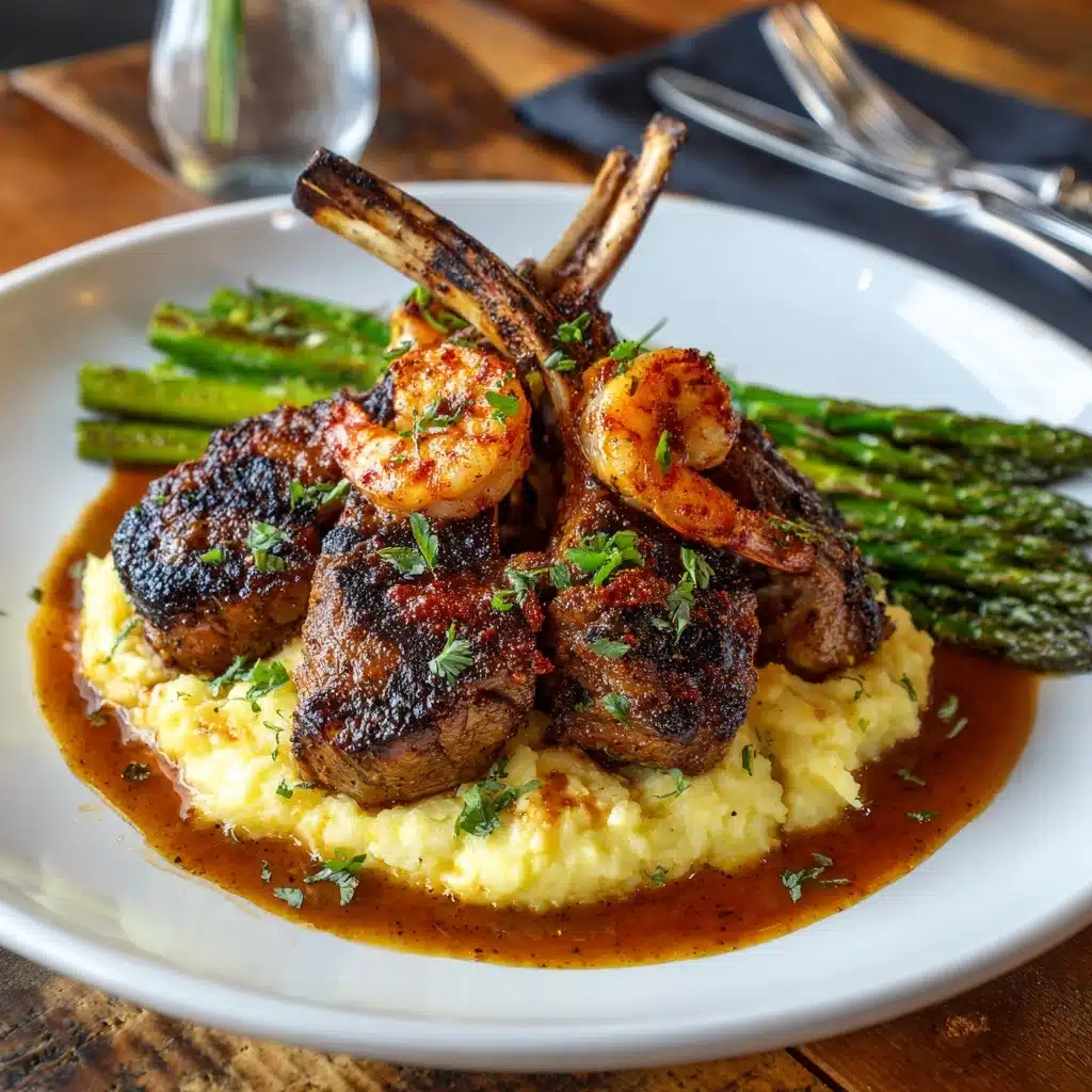 Lamb Chops Over Lobster Mashed Potatoes with Asparagus Recipe - Recipe Image
