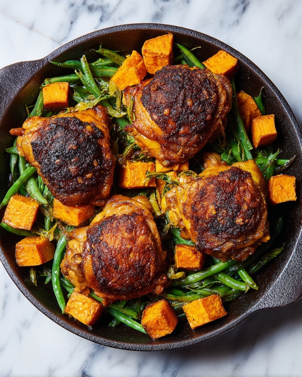 One Pan Maple Mustard Chicken with Sweet Potatoes and Green Beans Recipe - Recipe Image