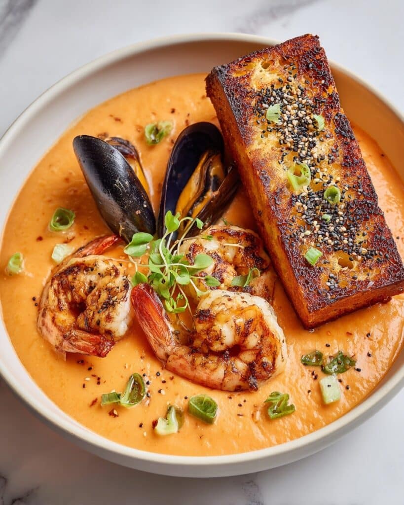Spiced Seafood Bisque With Sesame Prawn Croutons Recipe