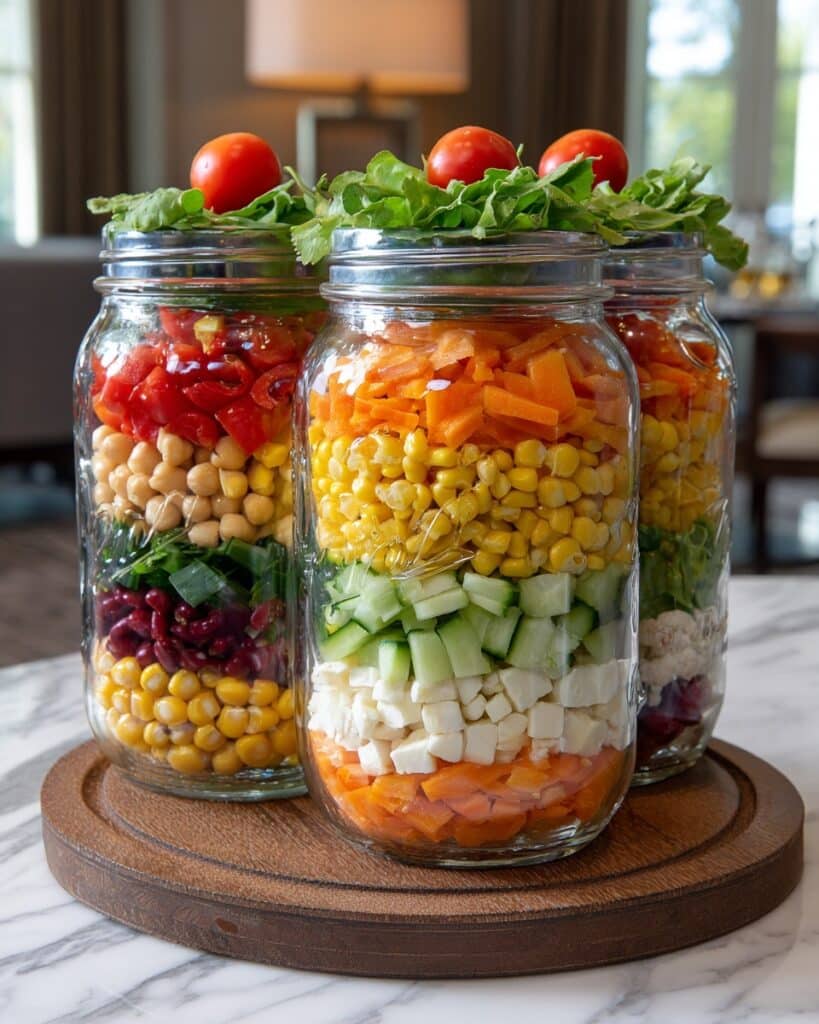 Healthy Salad Jars with Fresh Greens, Colorful Veggies, Protein, and Grains Recipe