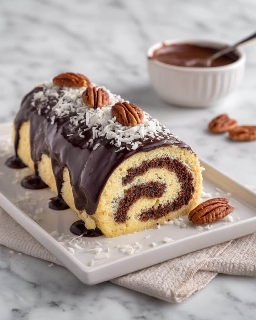 Decadent German Chocolate Coconut Pecan Roll Cake Recipe