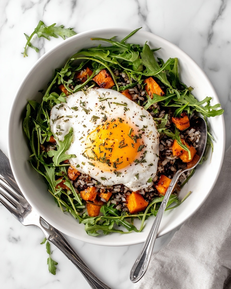 Rice Bowl with Sweet Potatoes, Green Curry, Arugula, and Poached Egg Recipe - Recipe Image