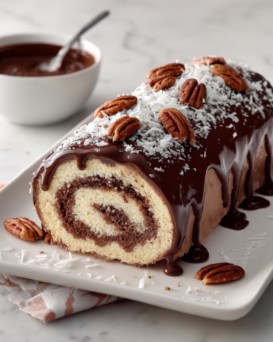 Decadent German Chocolate Coconut Pecan Roll Cake Recipe - Recipe Image