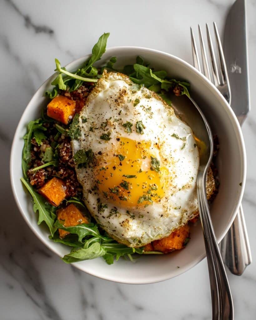 Rice Bowl with Sweet Potatoes, Green Curry, Arugula, and Poached Egg Recipe
