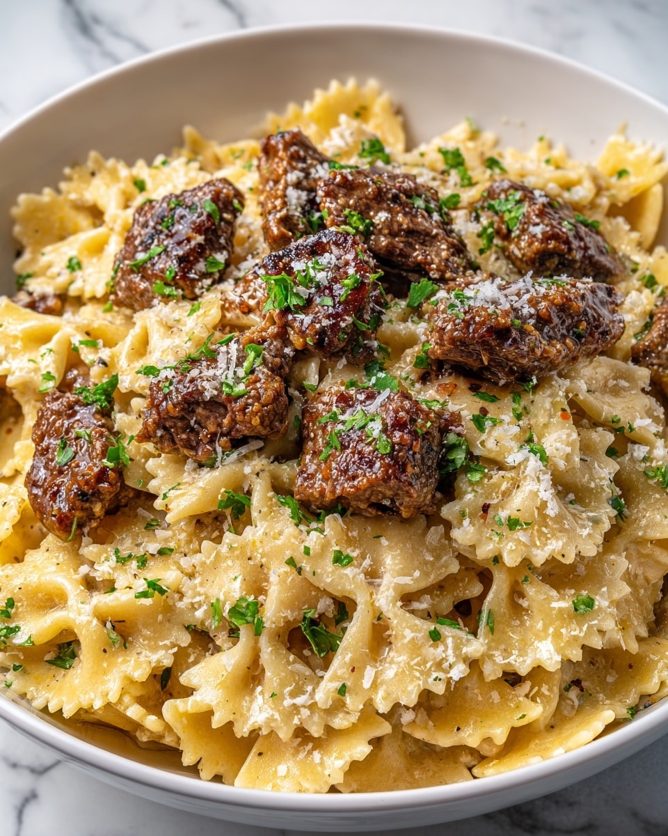 Beef and Bowtie Alfredo Recipe - Recipe Image