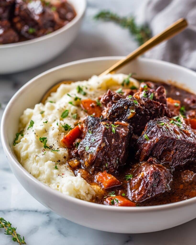 Braised Beef Short Ribs in Red Wine with Carrots and Herbs Recipe