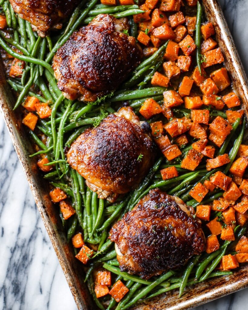 One Pan Maple Mustard Chicken with Sweet Potatoes and Green Beans Recipe