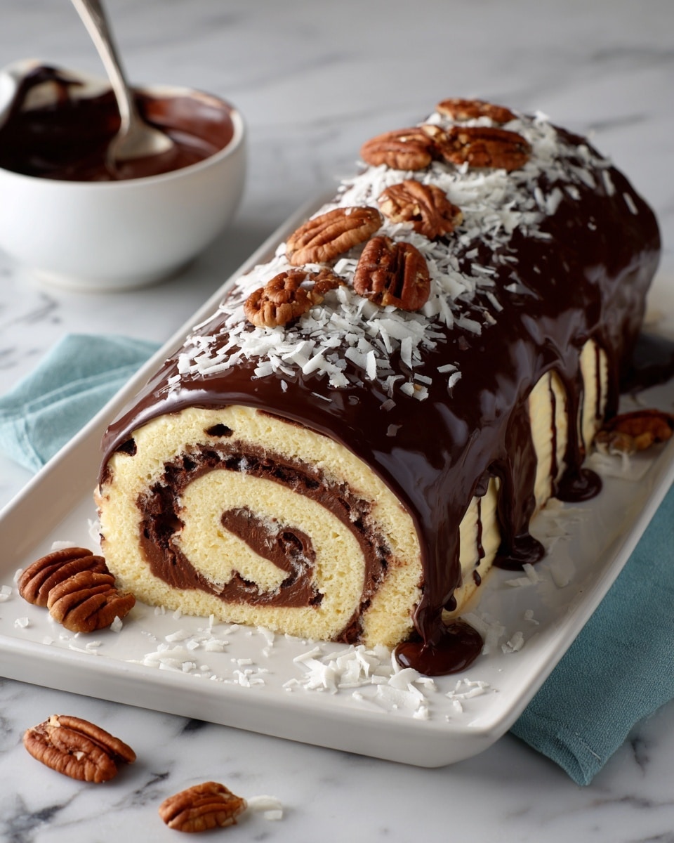 Decadent German Chocolate Coconut Pecan Roll Cake Recipe - Recipe Image