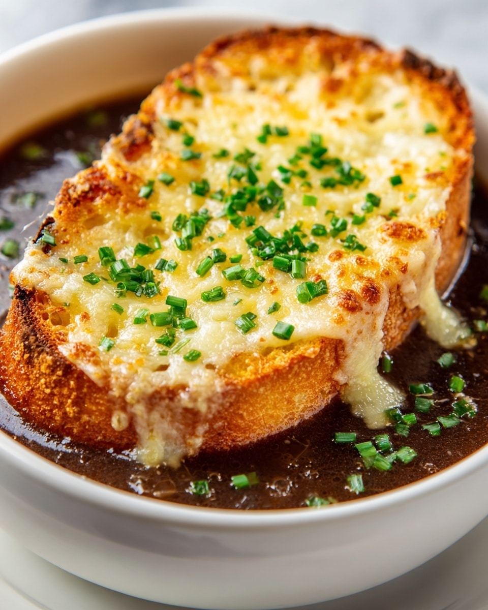 Classic French Onion Soup with Gruyere and Toasted Baguette Recipe - Recipe Image