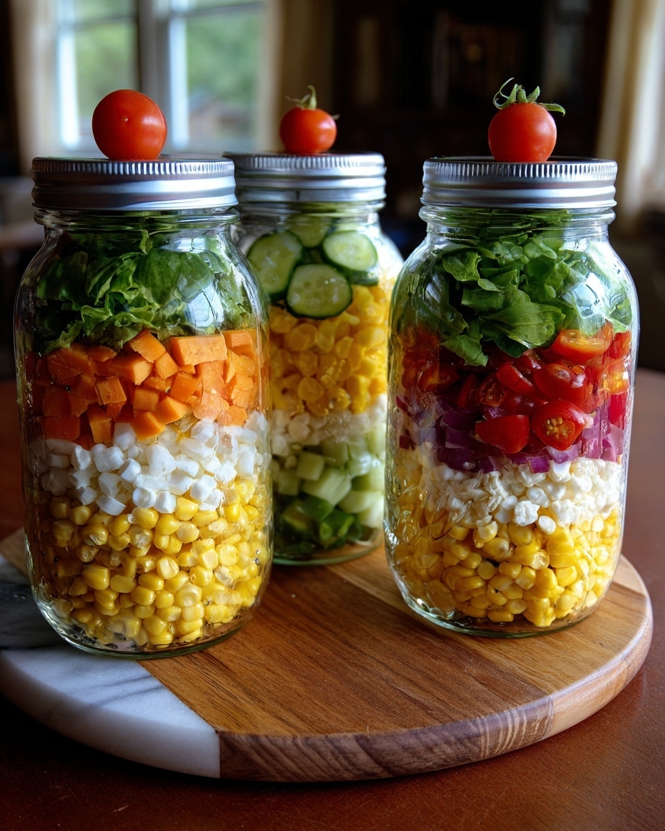 Healthy Salad Jars with Fresh Greens, Colorful Veggies, Protein, and Grains Recipe - Recipe Image