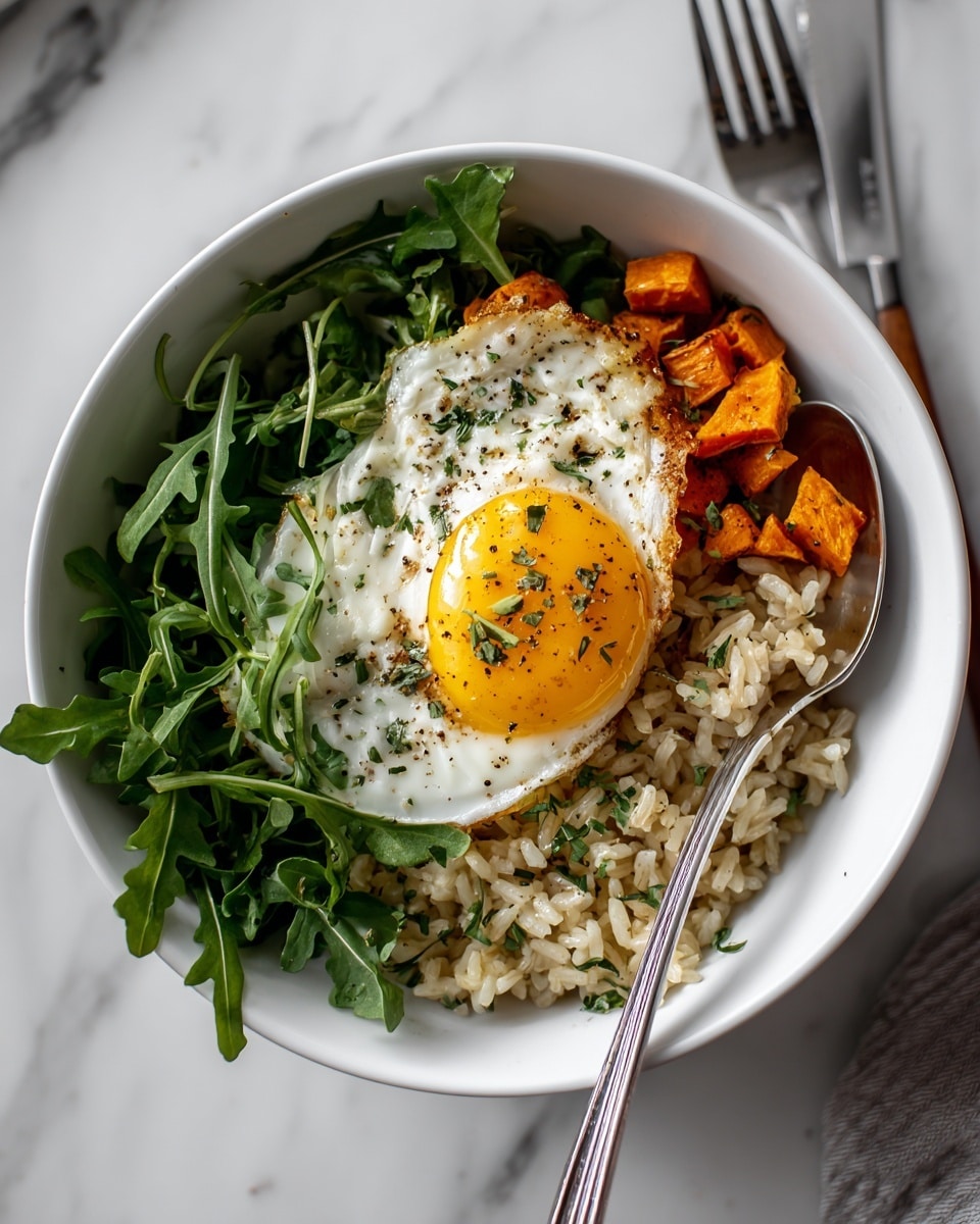 Rice Bowl with Sweet Potatoes, Green Curry, Arugula, and Poached Egg Recipe - Recipe Image