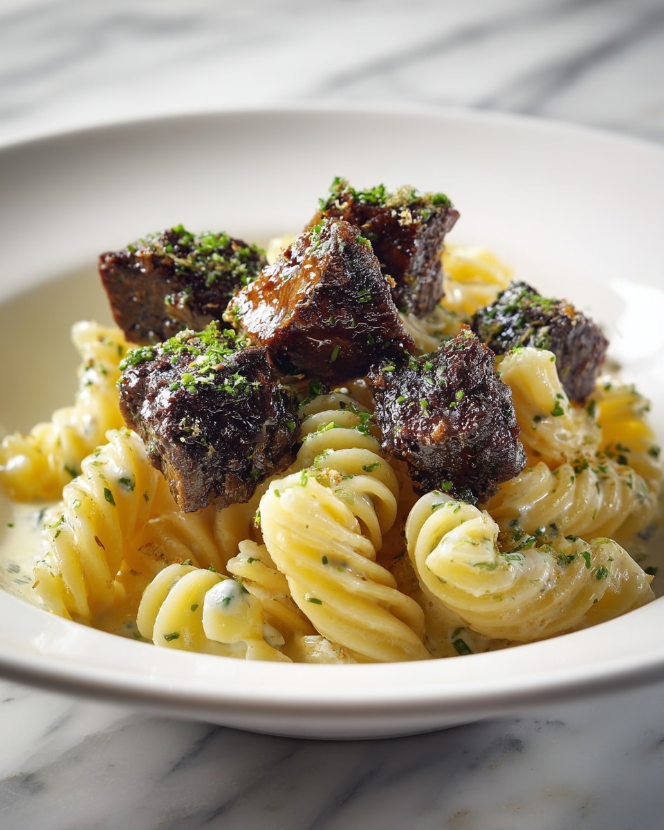 Steak Bites and Cheesy Rotini in Garlic Parmesan Sauce Recipe - Recipe Image
