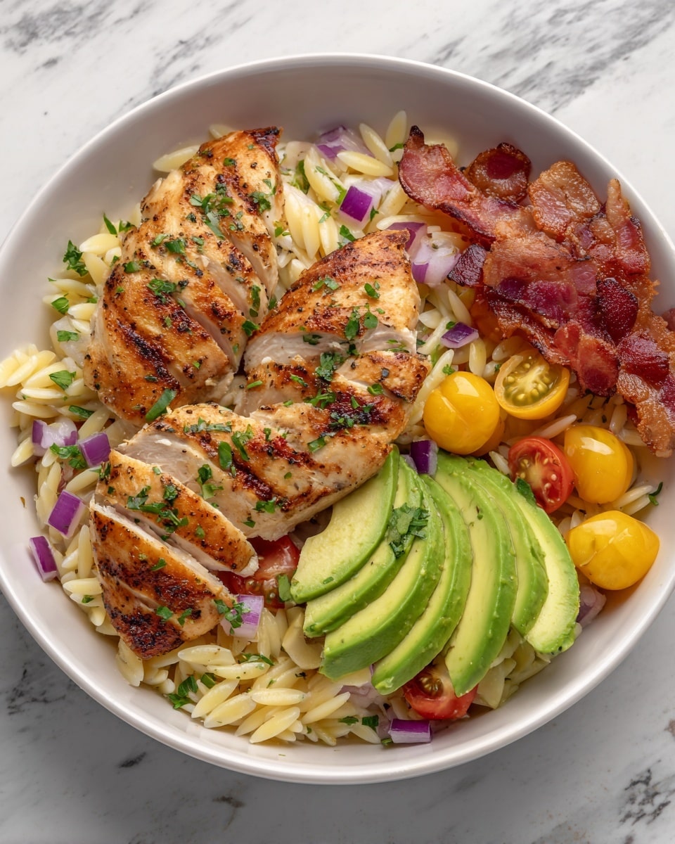 Grilled Lemon Herb Chicken Avocado Orzo Salad Recipe - Recipe Image