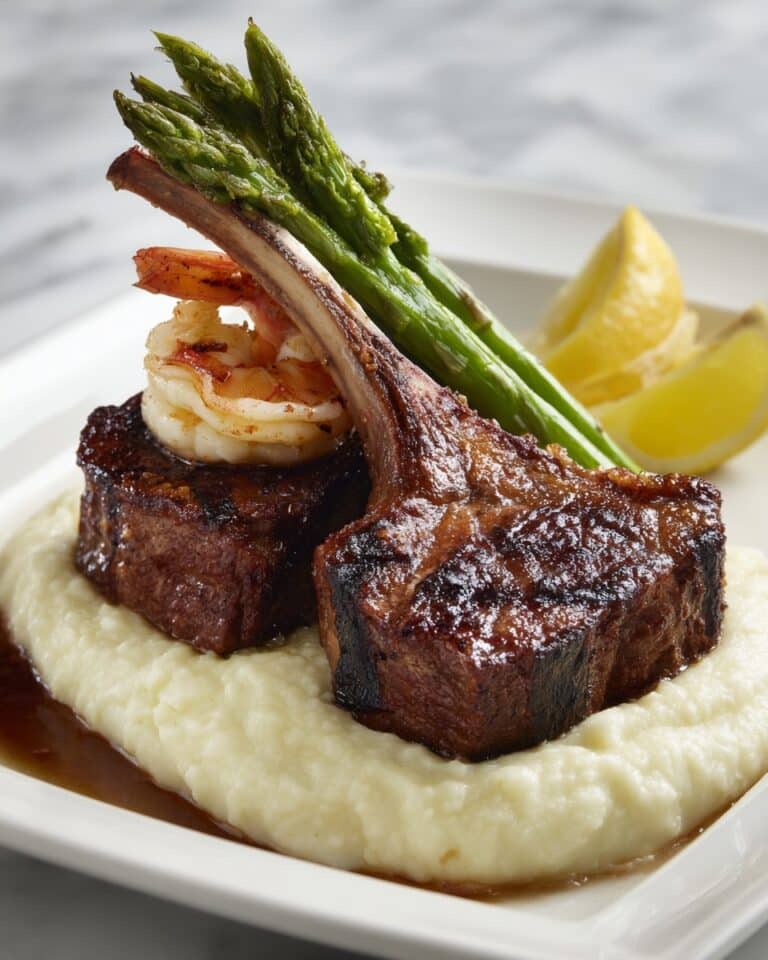 Succulent Lamb Chops Over Lobster Mashed Potatoes with Asparagus Recipe