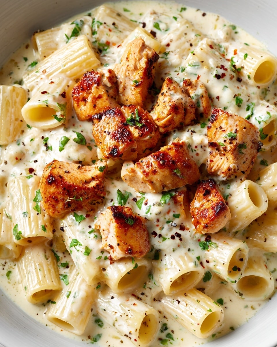 Creamy Garlic Butter Chicken and Rigatoni in Parmesan Sauce Recipe - Recipe Image
