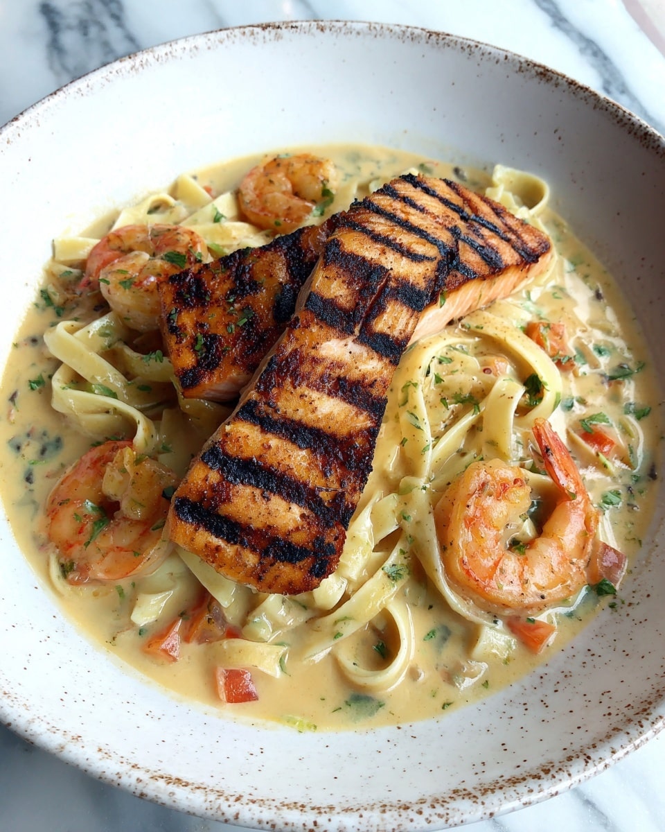 Grilled Salmon & Shrimp Fettuccine Alfredo Recipe - Recipe Image