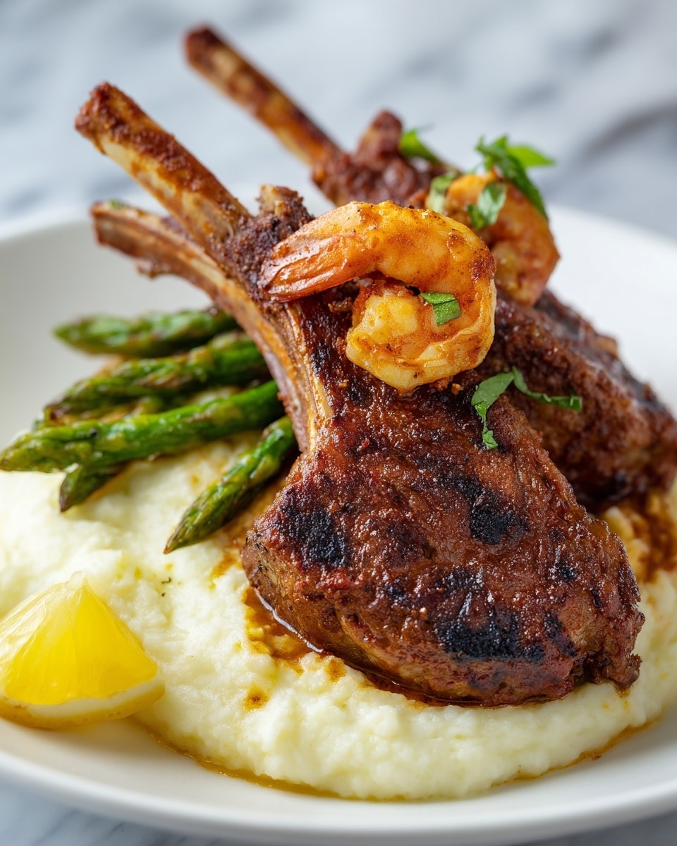 Succulent Lamb Chops Over Lobster Mashed Potatoes with Asparagus Recipe - Recipe Image