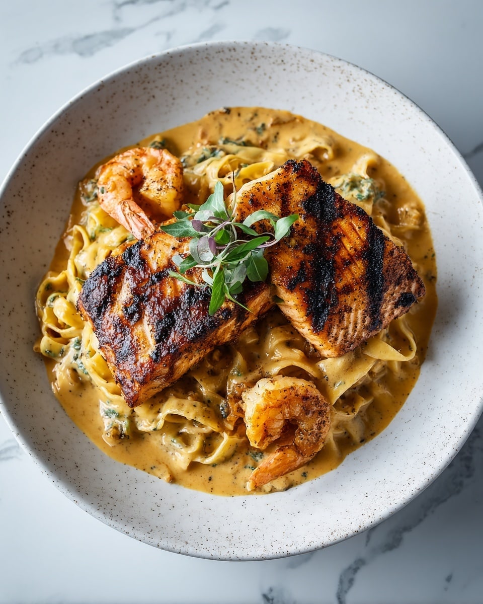 Grilled Salmon & Shrimp Fettuccine Alfredo Recipe - Recipe Image