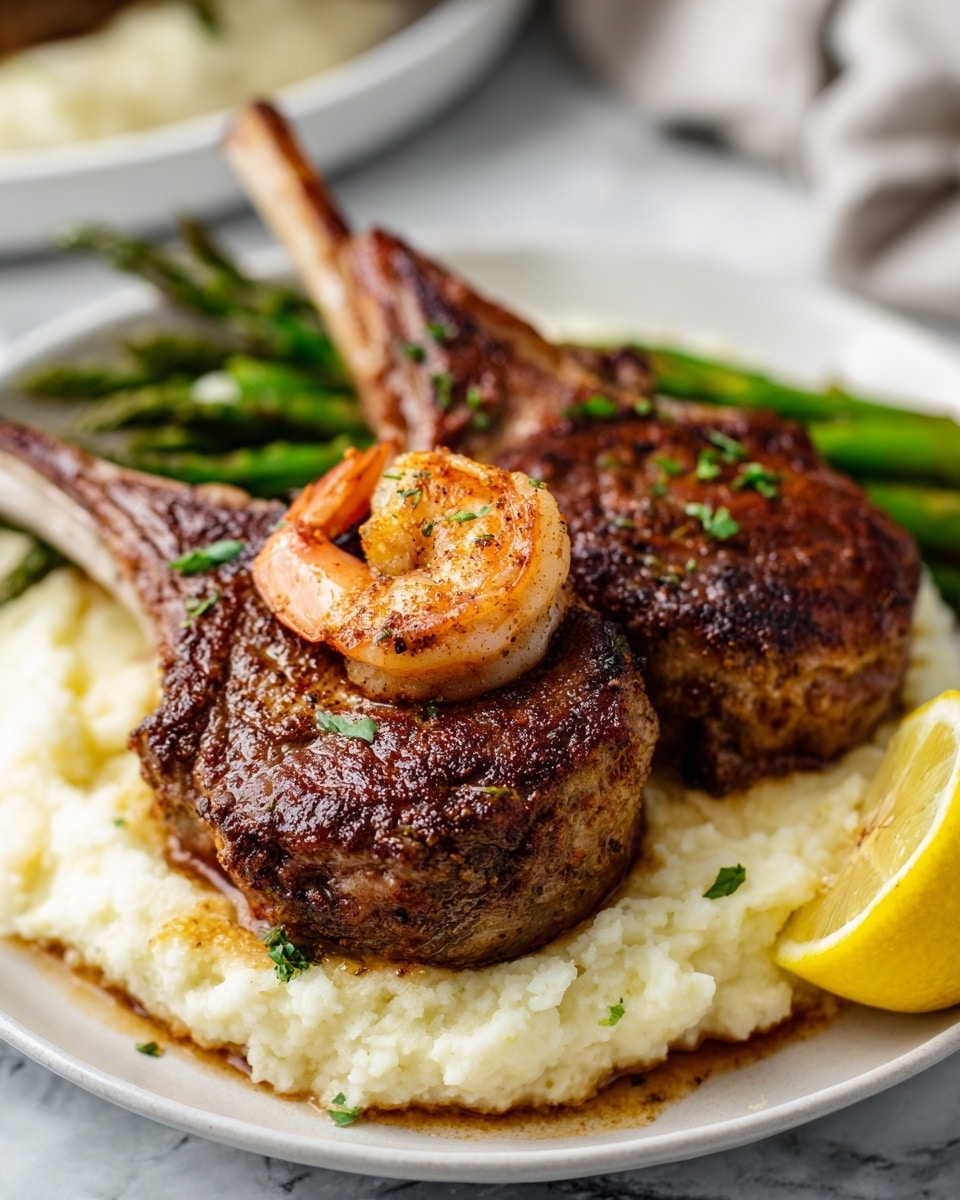 Succulent Lamb Chops Over Lobster Mashed Potatoes with Asparagus Recipe - Recipe Image