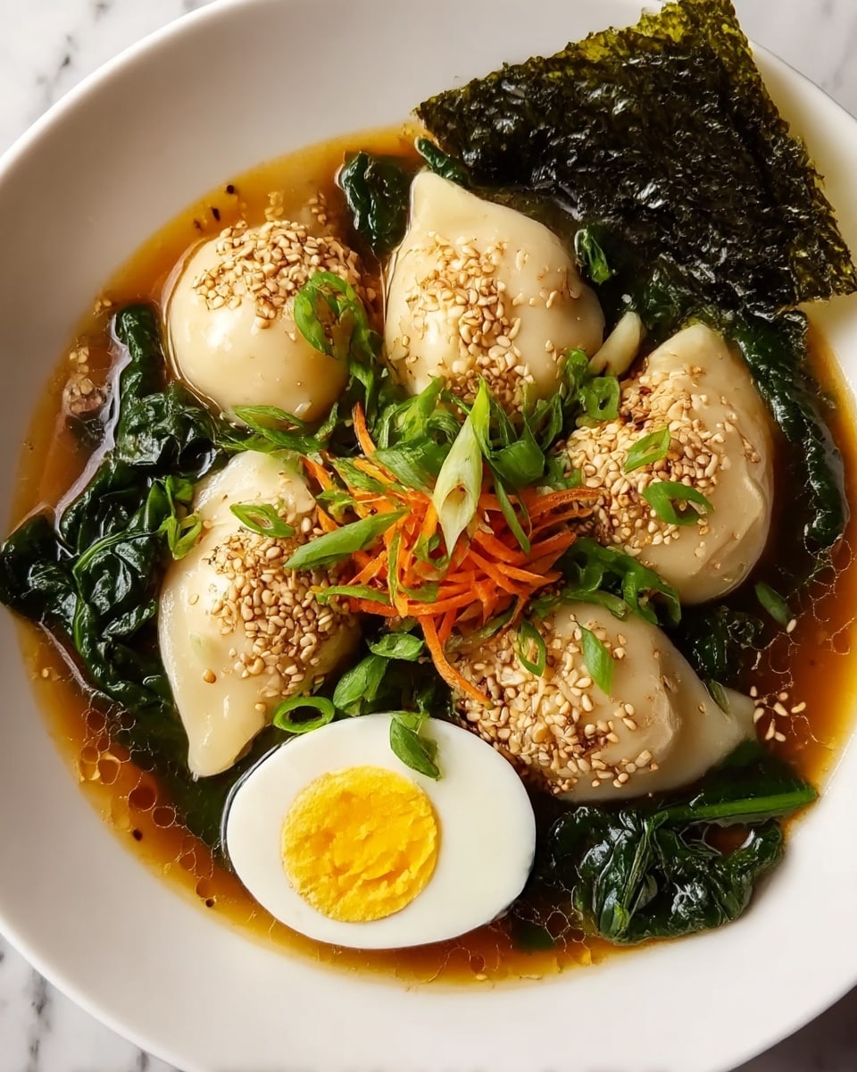 Savory Dumpling Ramen Bowl with Soft-Boiled Eggs and Fresh Greens Recipe
