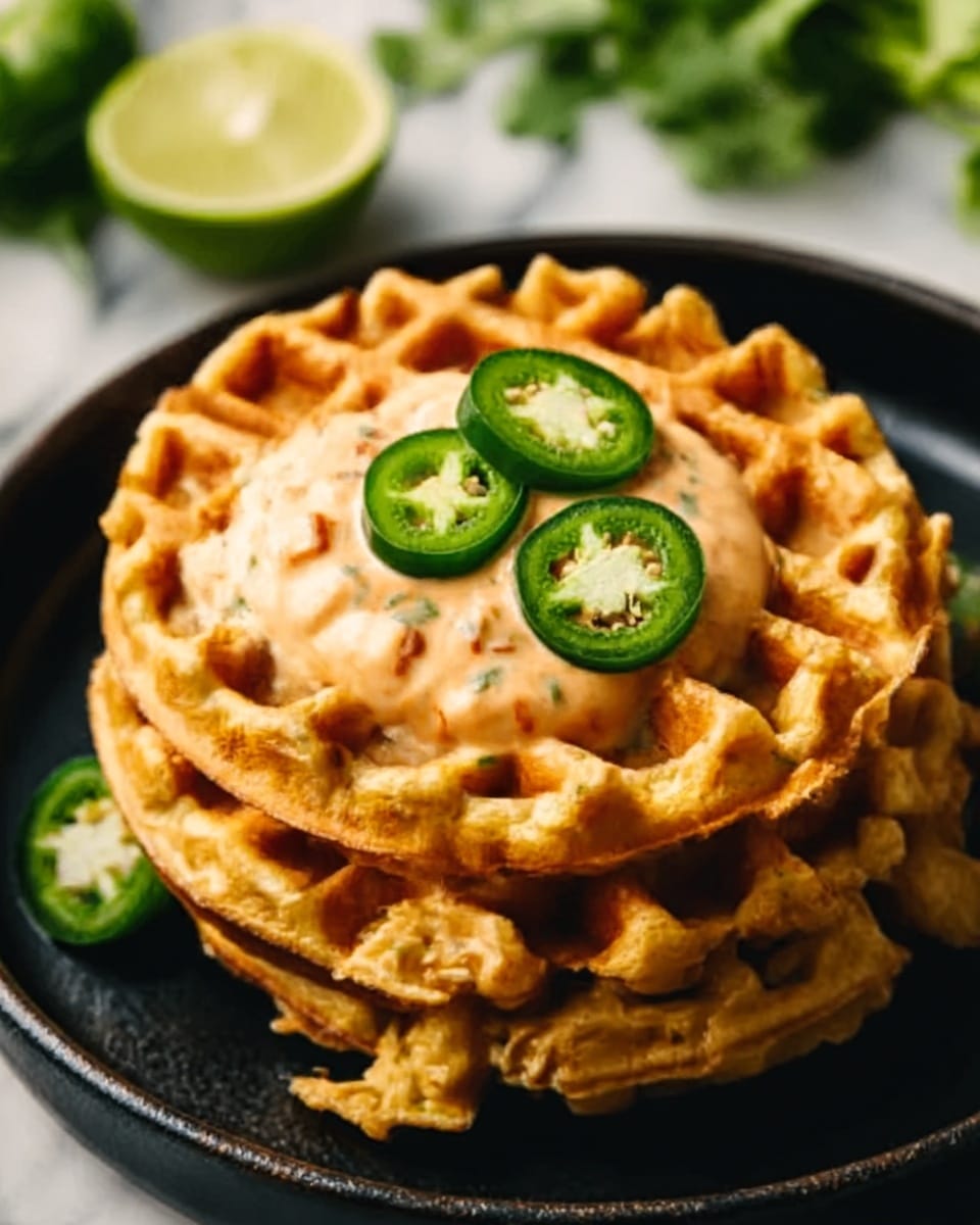 Cheddar Jalapeño Cornbread Waffles with Turkey Chile Con Queso Dip Recipe - Recipe Image