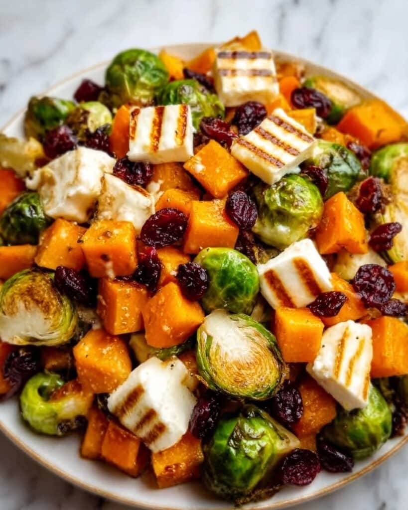 Cranberry-Glazed Roasted Butternut Squash, Brussels Sprouts, and Sweet Potato Salad Recipe