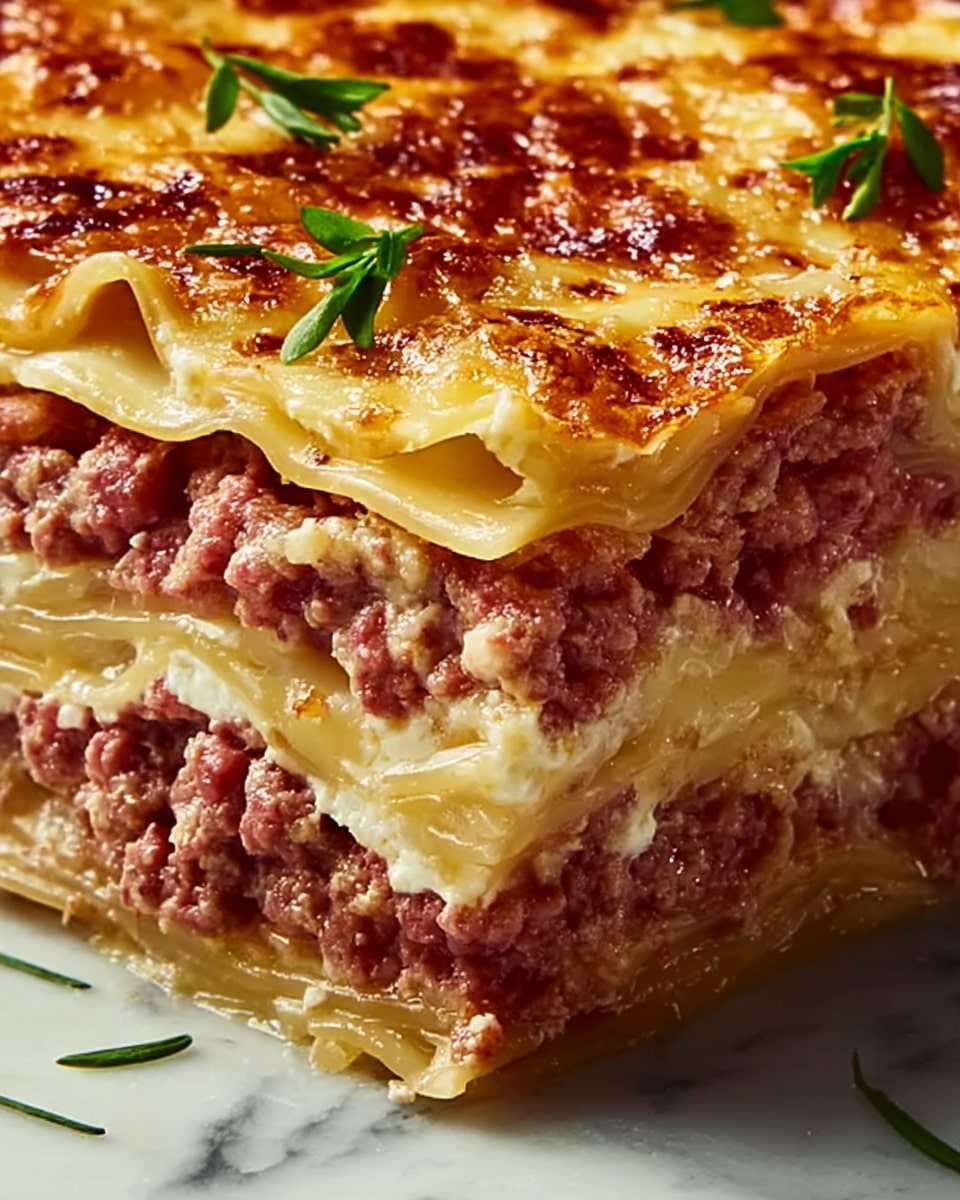 Reuben Bake with Layers of Corned Beef, Sauerkraut, and Swiss Cheese Recipe - Recipe Image