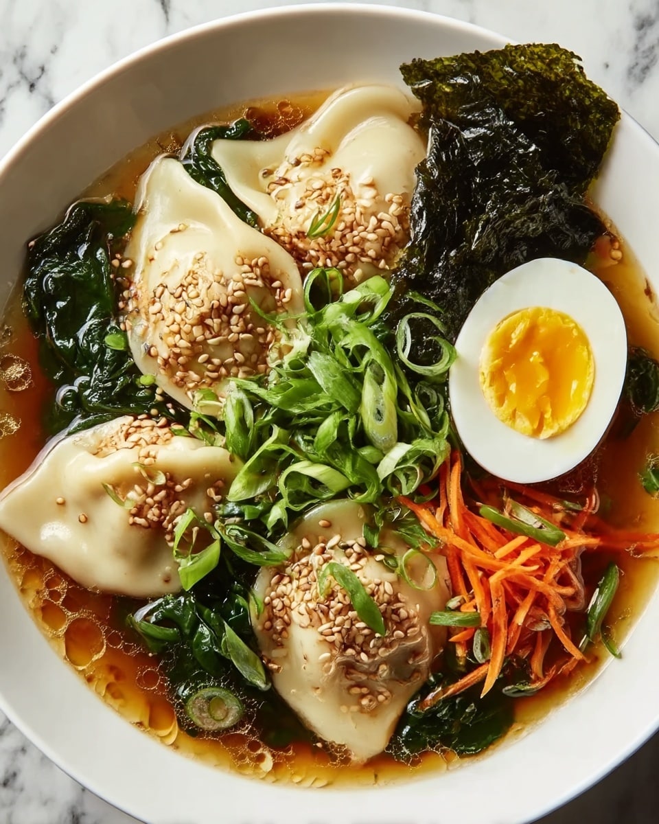 Savory Dumpling Ramen Bowl with Soft-Boiled Eggs and Fresh Greens Recipe - Recipe Image