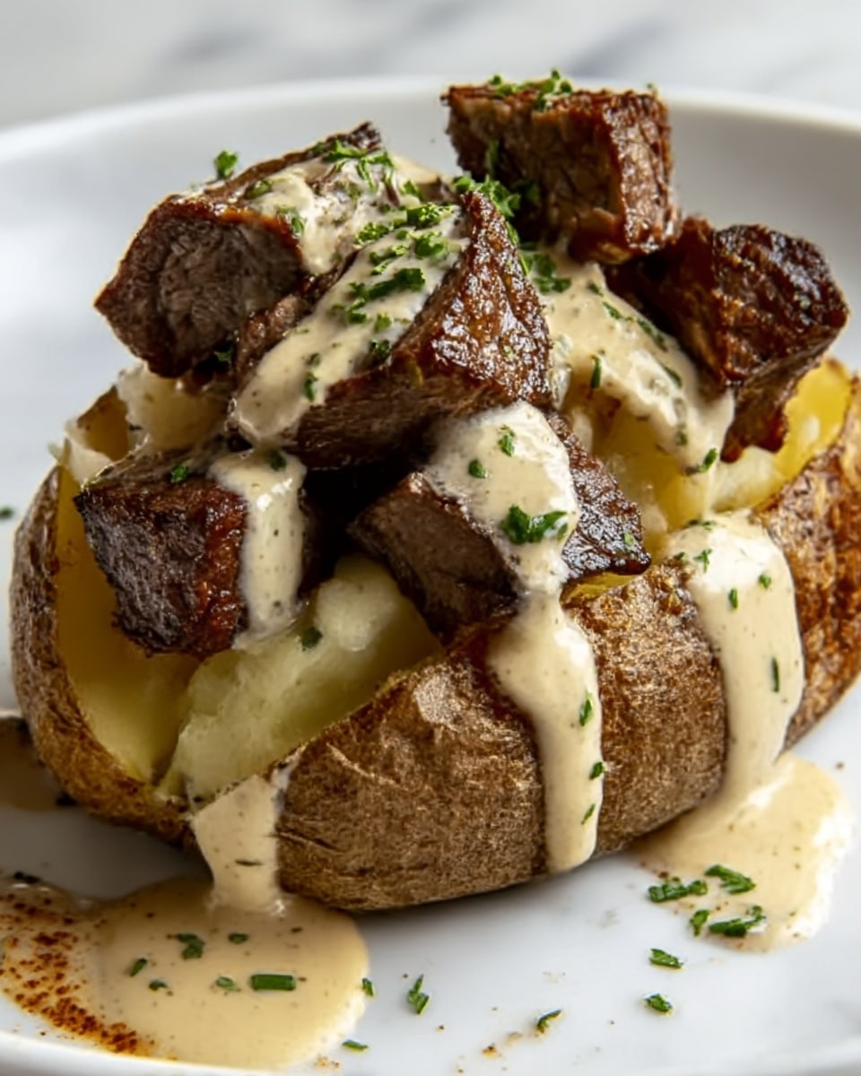 Loaded Baked Potato with Steak Bites and Parmesan Cream Sauce Recipe - Recipe Image
